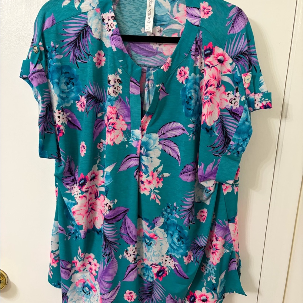 Dear Scarlett Lizzy Top- Teal Floral Blouse with Pink and Purple Accents